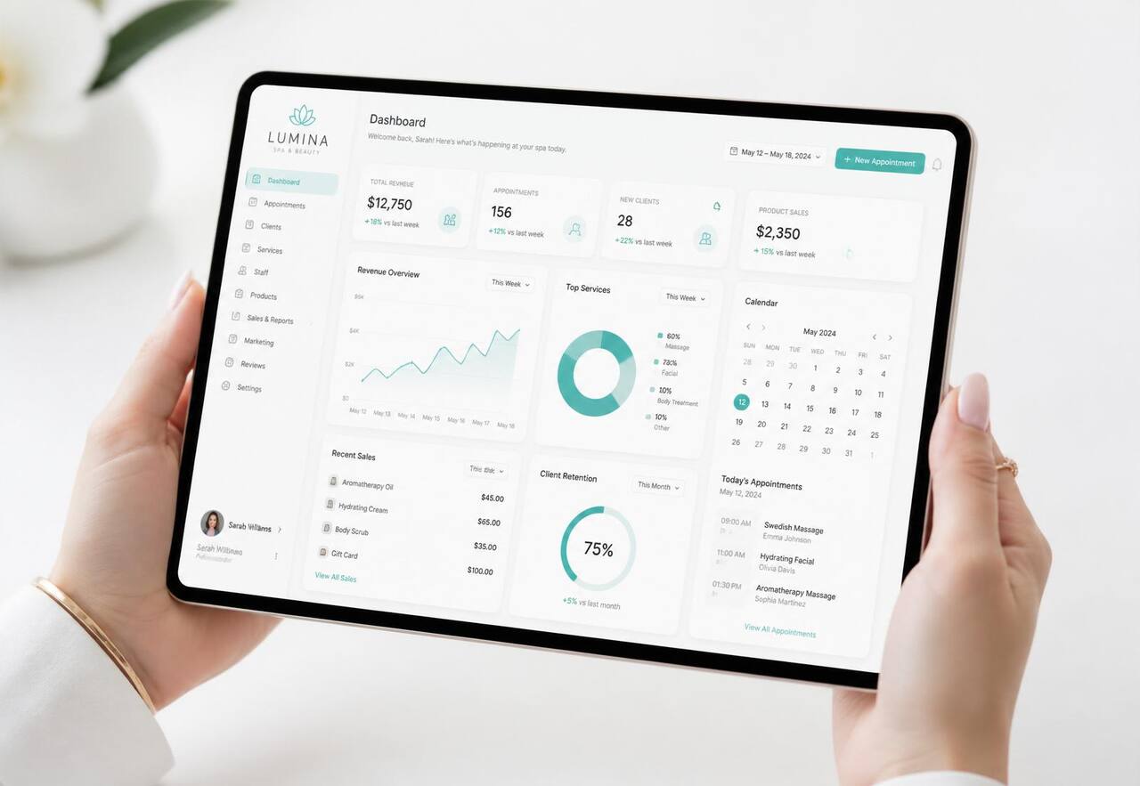 Manos profesionales sosteniendo tableta con dashboard de MR Spa Control